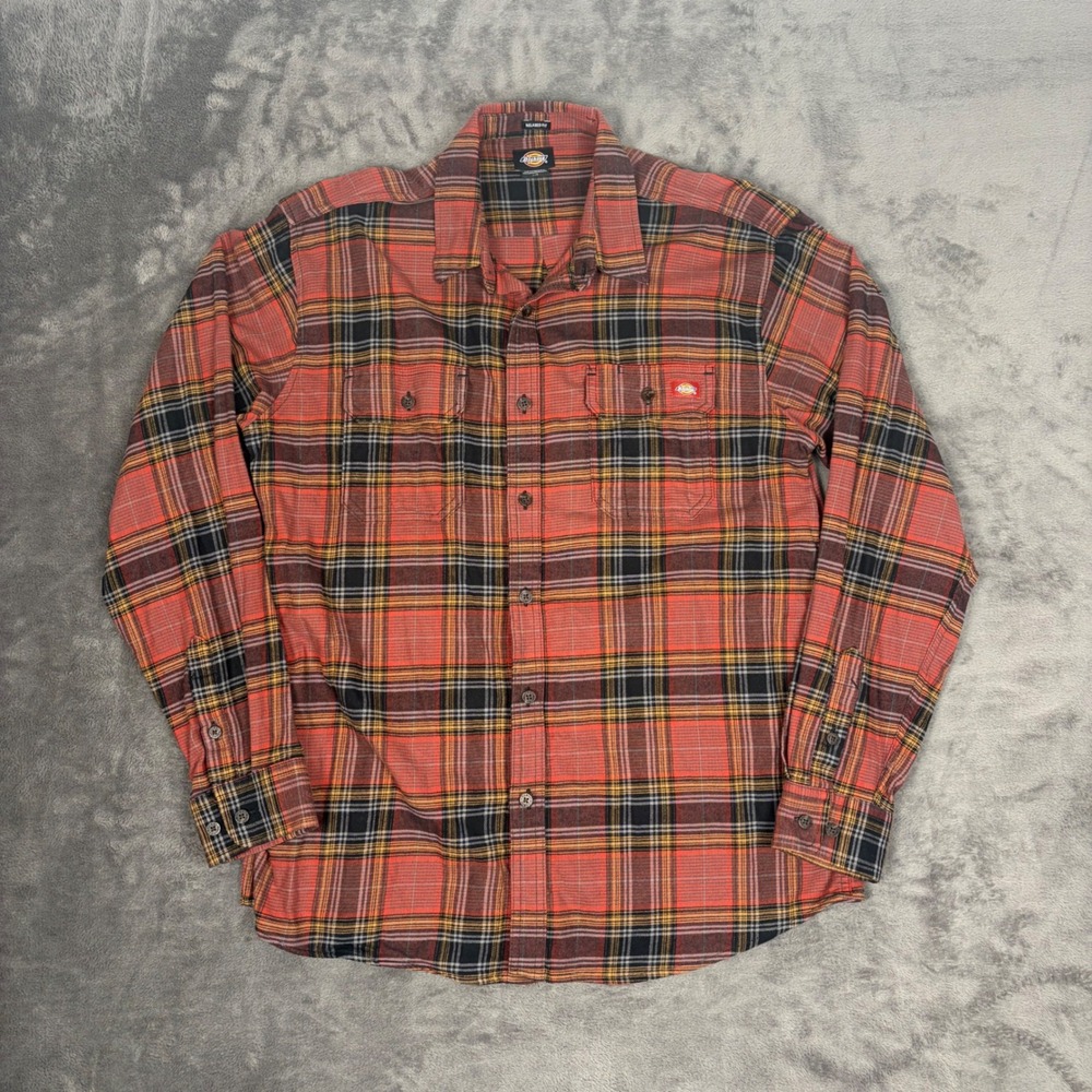 Dickies Flannel Shirt Men L Red Plaid Relaxed Fit Long Sleeve Button Up Workwear